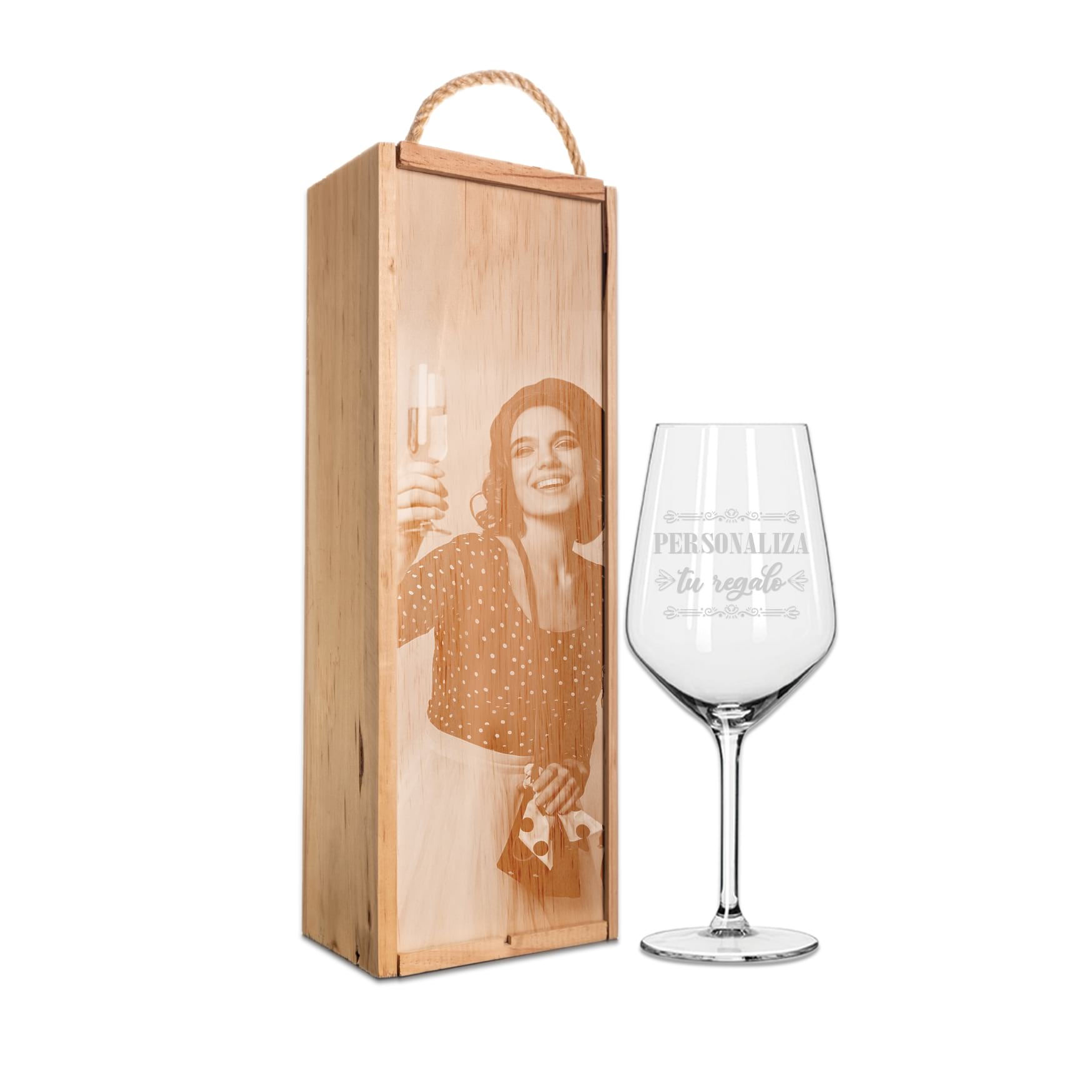 Copa de vino grabada en caja de madera con foto