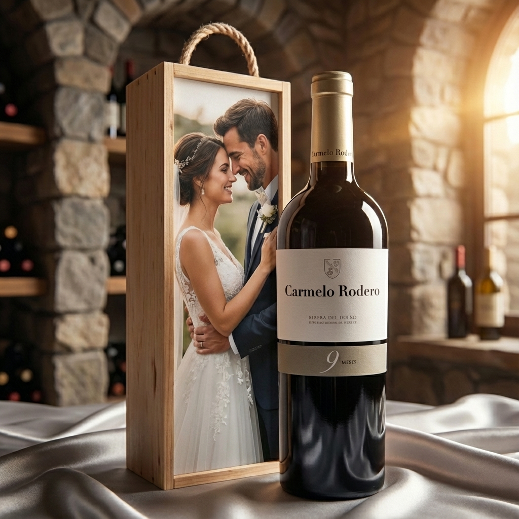 Kit de vino con caja personalizada – DO Ribera del Duero - Haz un regalo original con botella DO Ribera del Duero, caja de madera personalizable.